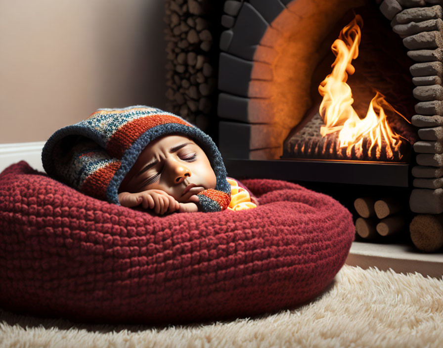 Sleeping baby in red knitted pod by fireplace with cozy hat