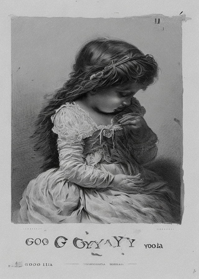 Vintage black and white illustration of young girl in thoughtful pose, detailed dress and hair.