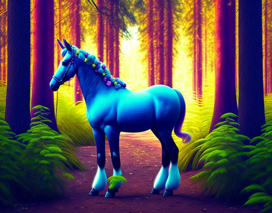 Colorful Blue Unicorn with Floral Mane in Enchanted Forest