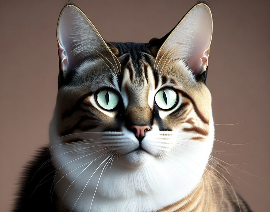 Tabby Cat with Green Eyes and Striped Fur on Brown Background