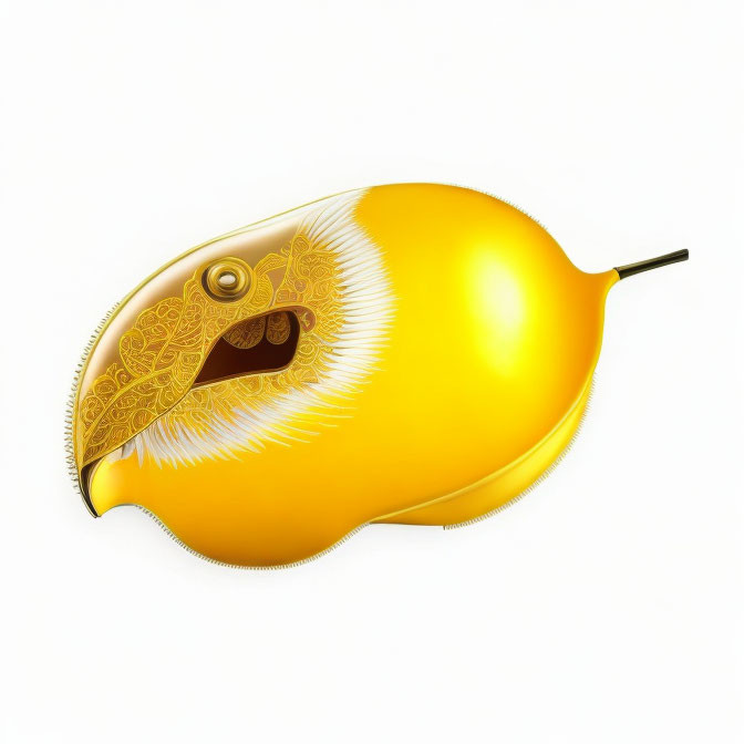 Golden pear with feather pattern, eye, and mouth: whimsical character design