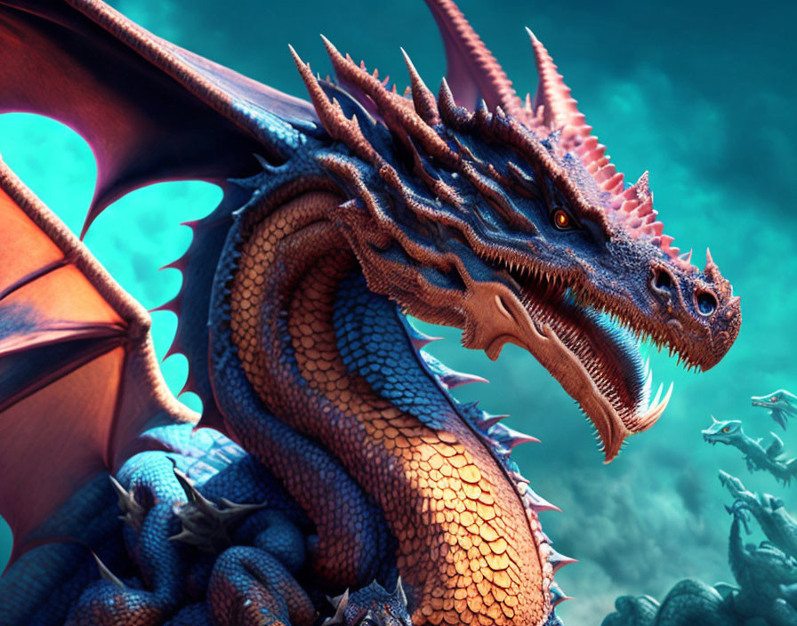 Detailed digital artwork: Majestic blue dragon with sharp horns, large wings, and scaly body on