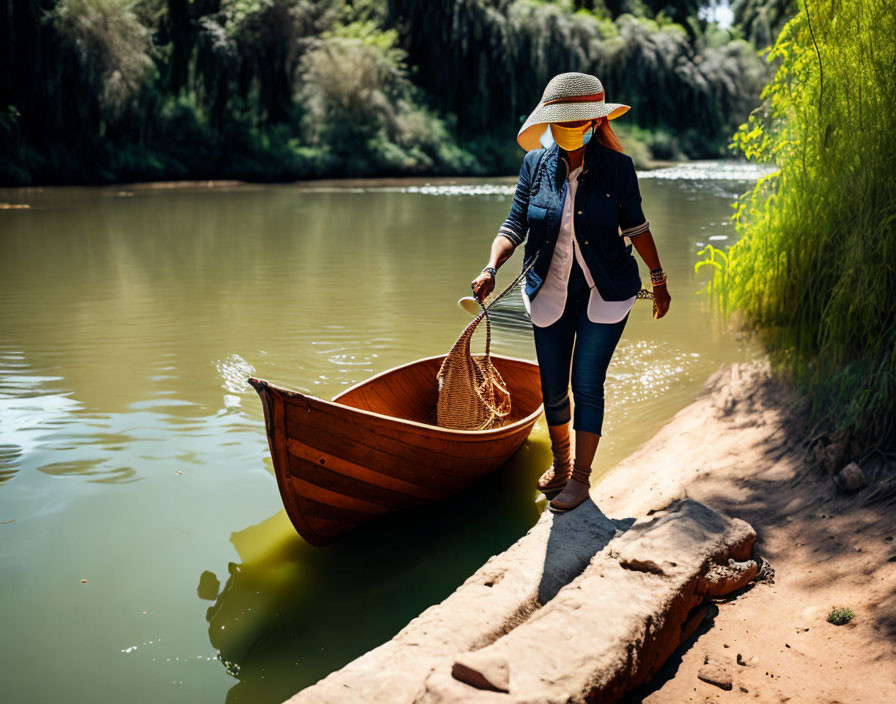 Person in sun hat and jacket boarding wooden boat by tranquil riverside