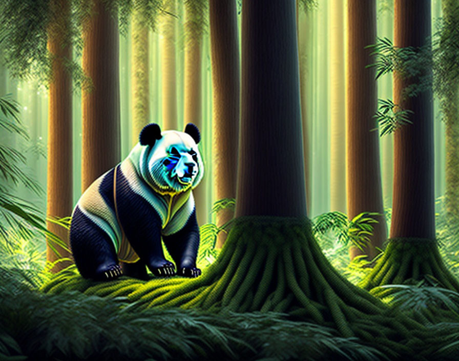 Vibrant panda bear with blue accents in green bamboo forest