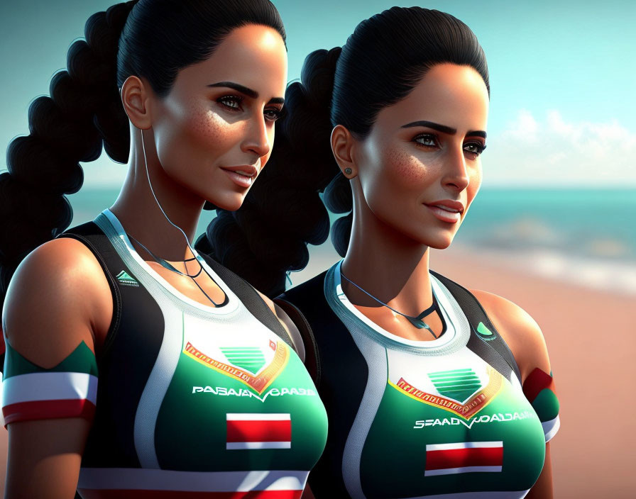 Two dark-haired animated characters in ponytails, wearing sporty flag outfits, on beach backdrop.