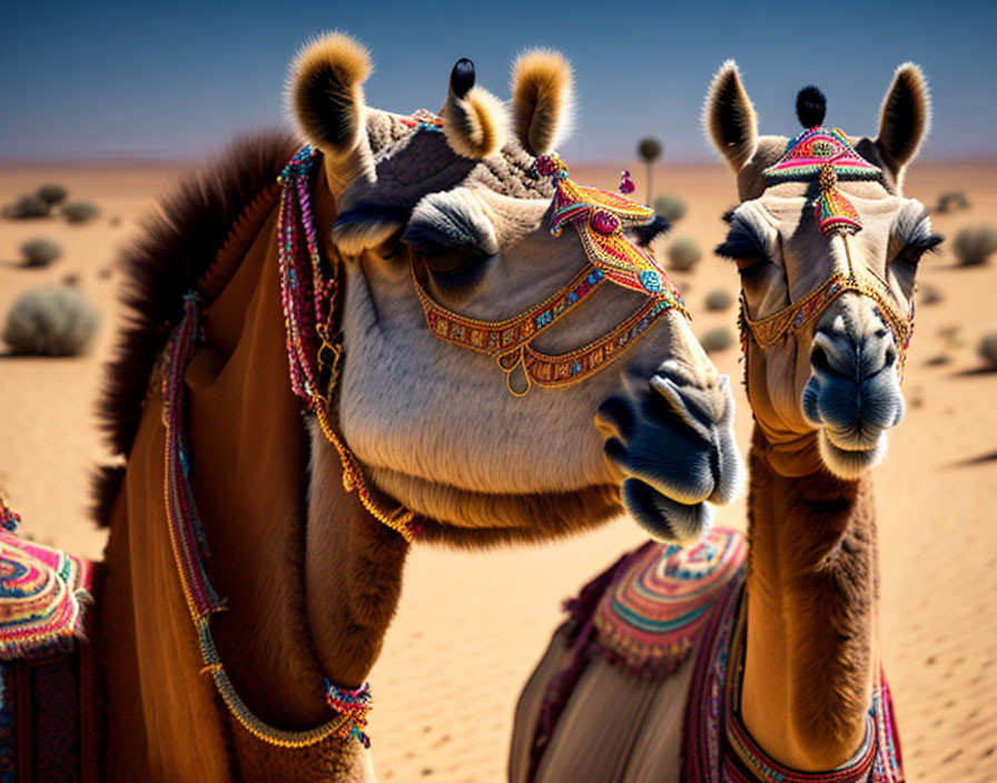 Colorful Bridled Camels in Desert Landscape