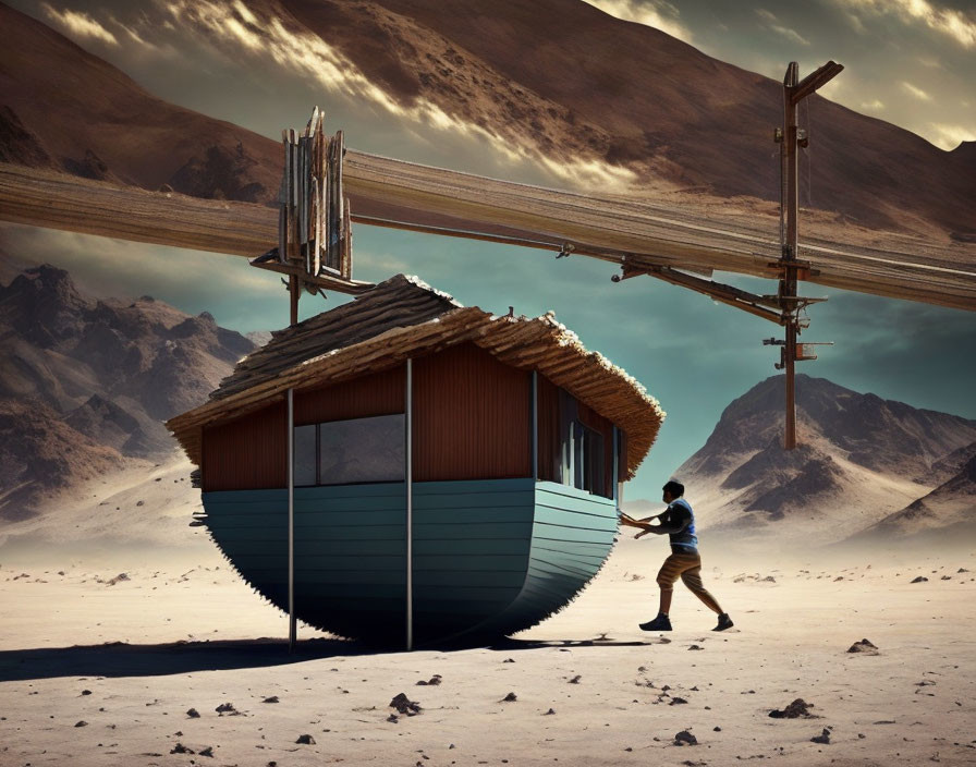 Upside-down boat-house pushed in desert landscape with mountains and cloudy sky