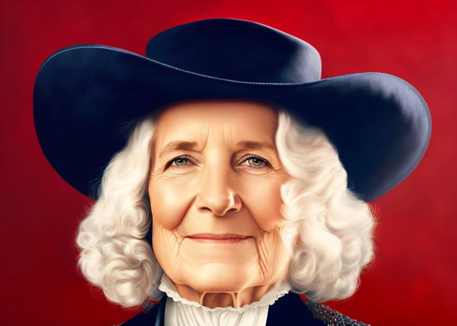 Elderly person with white curly hair in cowboy hat, red coat, against red background