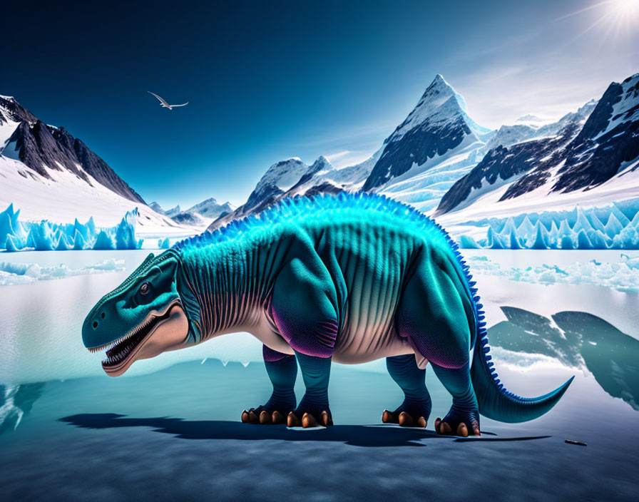 Colorful Dinosaur in Snowy Mountain Landscape with Bird Flying