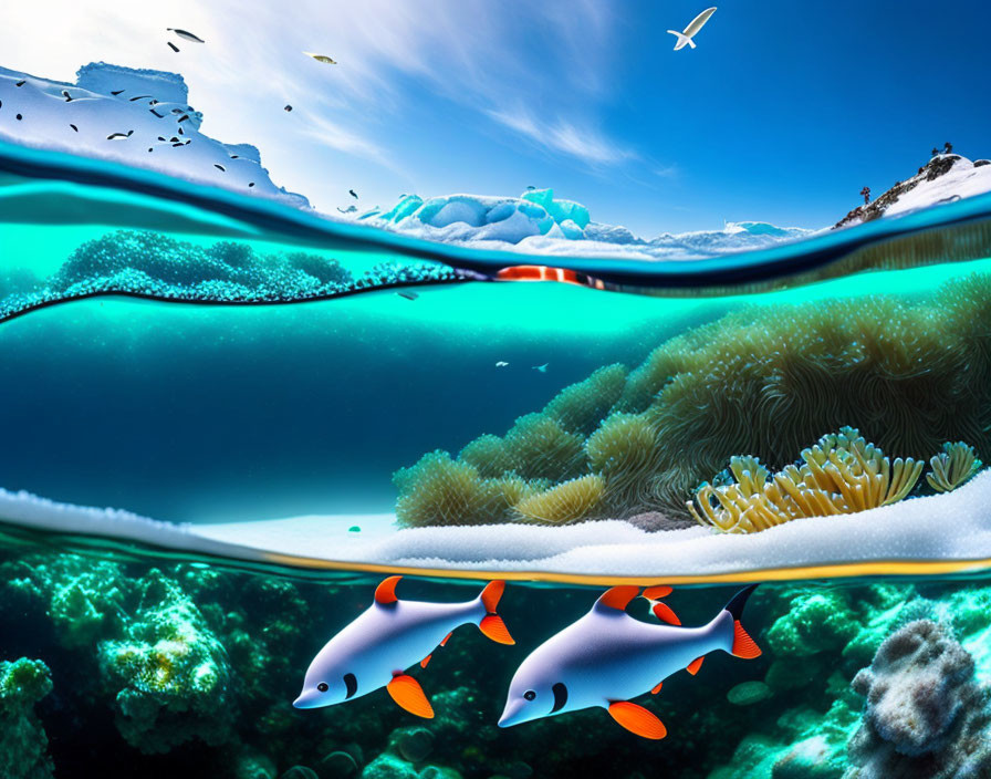 Polar Scene: Split View of Underwater Coral and Snowy Mountains