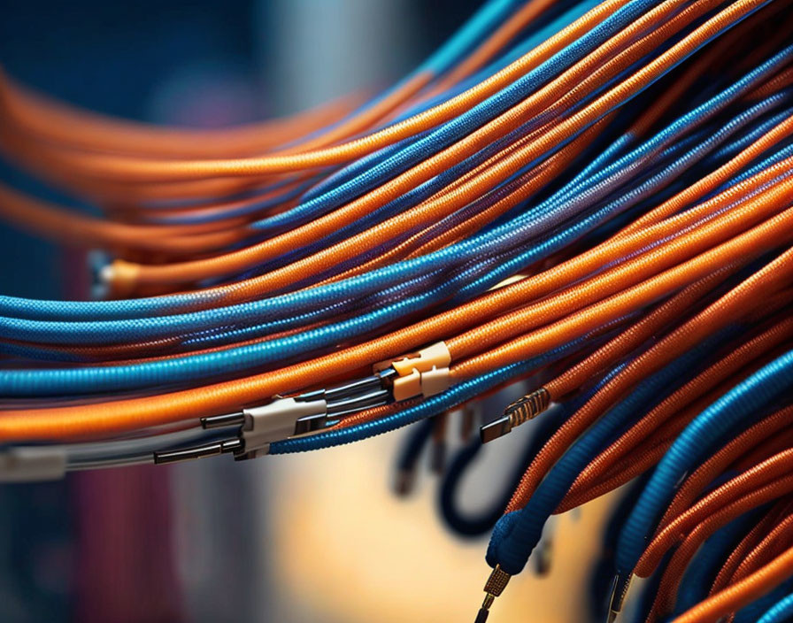 Blue and Orange Fiber Optic Cables with Connectors on Blurred Background