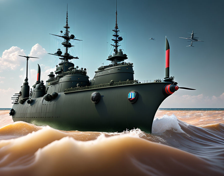 Digital artwork of battleship sailing on ocean with aircraft in clear sky