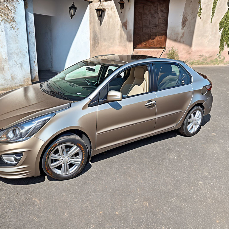 Metallic Bronze Sedan Car Parked with Shiny Rims on Sunny Day