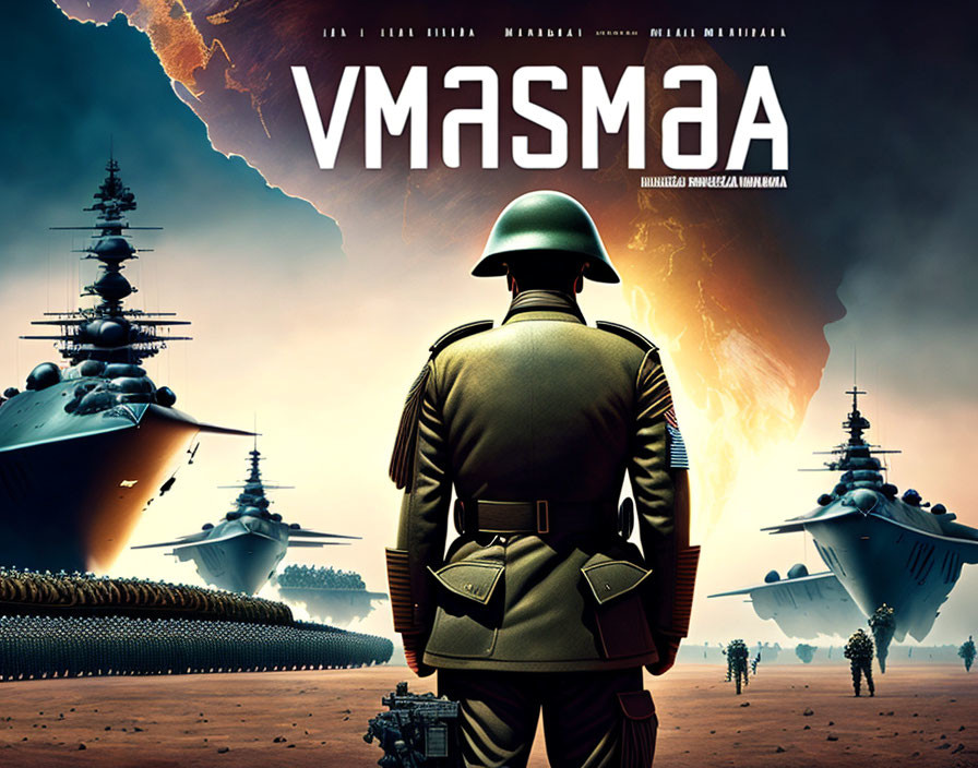 Military soldier in uniform gazes at naval fleet and aircraft with "VMASMAA" title overlay