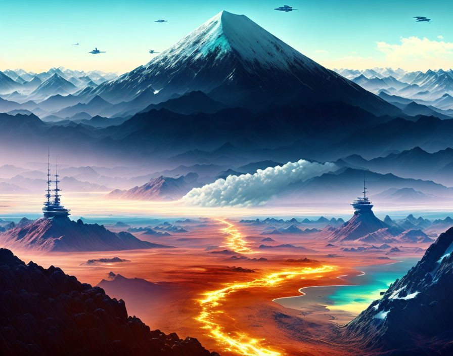 Futuristic landscape with snow-capped mountain, lava rivers, advanced structures, and flying vehicles