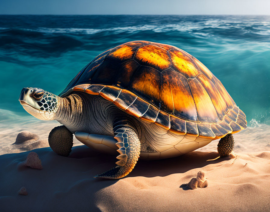 Vibrant yellow and brown sea turtle on sandy shore by sparkling blue ocean waves