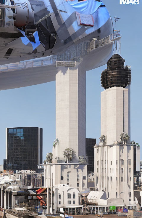 Futuristic spacecraft docks at high-tech tower in urban cityscape