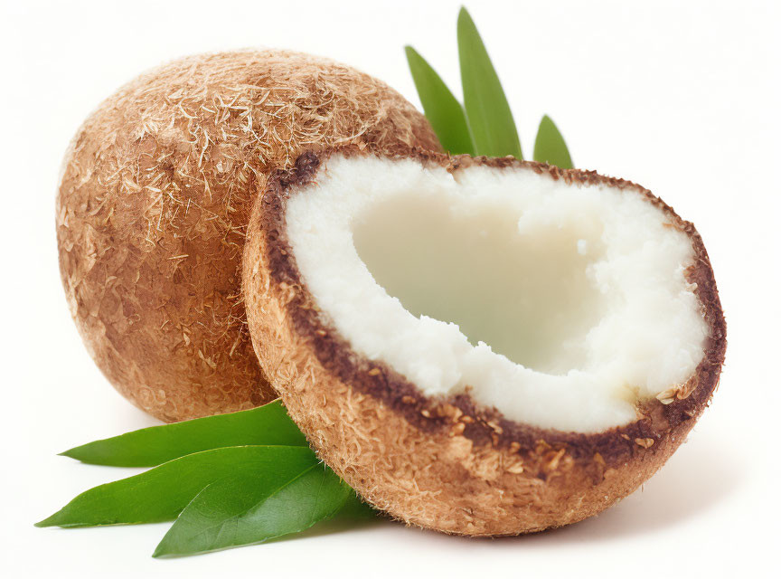 Coconut Whole and Half with White Flesh on Green Leaves