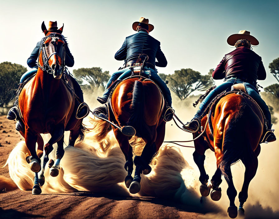 Three cowboys on horseback riding through dusty landscape with trees under clear sky.