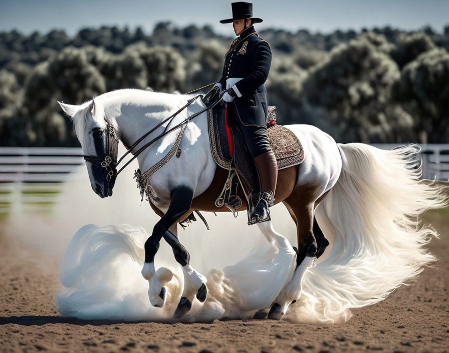 Elegant rider on majestic white horse galloping in dust.