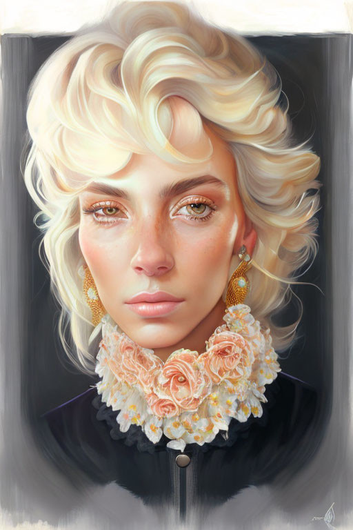 Woman with Short Wavy Blonde Hair and Floral Ruff Portrait