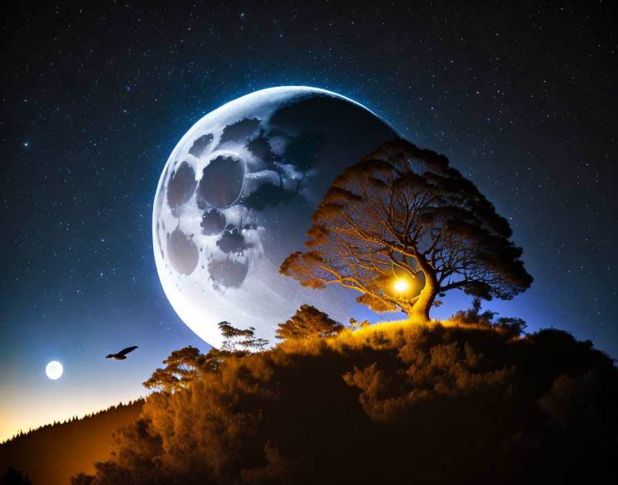 Detailed Moon Over Lone Tree in Starry Sky