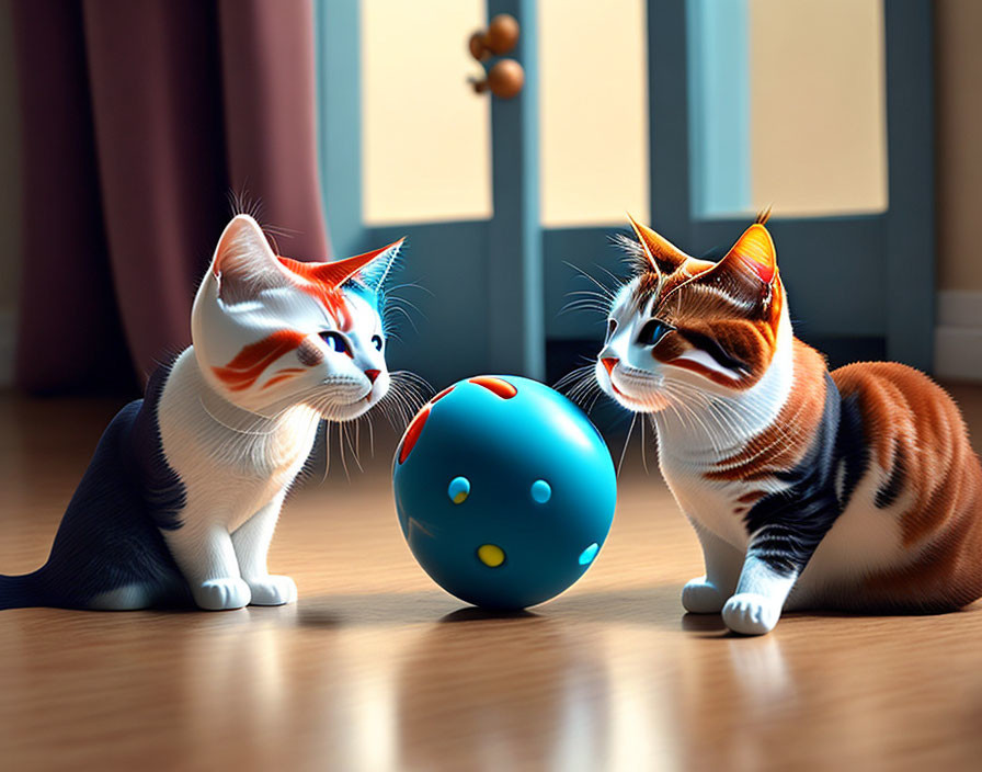 Vibrant orange and white fur animated cats playing with blue ball indoors