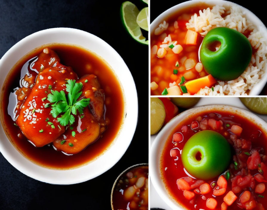 Glazed Chicken, Rice with Bell Pepper, and Vegetable Soup with Lime Slice