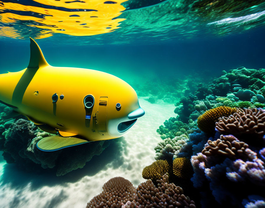 Yellow Fish-Shaped Underwater Drone Explores Colorful Coral Reef