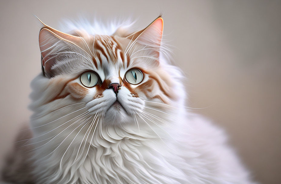 Cream-colored fluffy cat with amber eyes and tufted ears on soft background