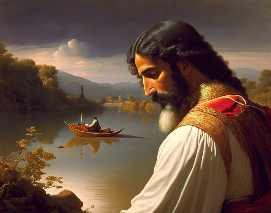 Traditional attire man gazes at boat on calm river in serene landscape