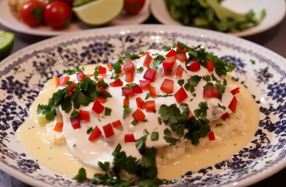 Creamy white grits with fresh tomatoes, cilantro, and sour cream garnish