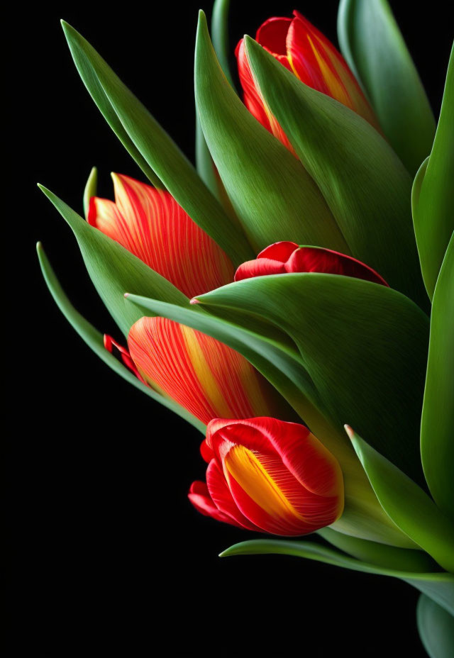 Vibrant red tulips with yellow streaks on black background