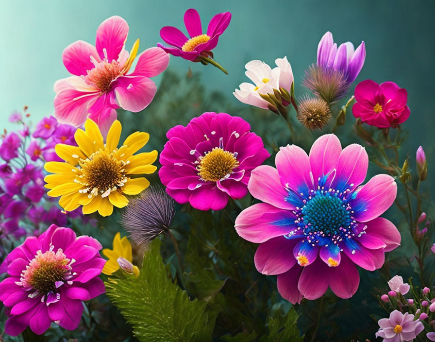Colorful Flowers in Pink, Purple, and Yellow on Teal Background