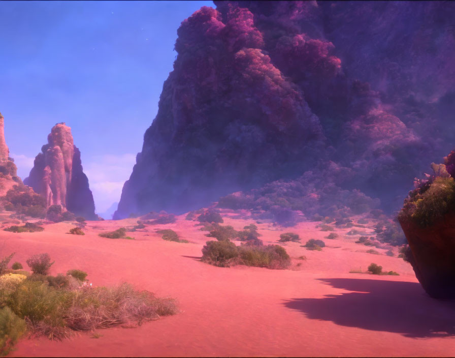 Tranquil desert landscape with red rock formations and purple sky