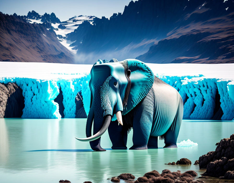 Elephant in shallow water with icebergs and mountains