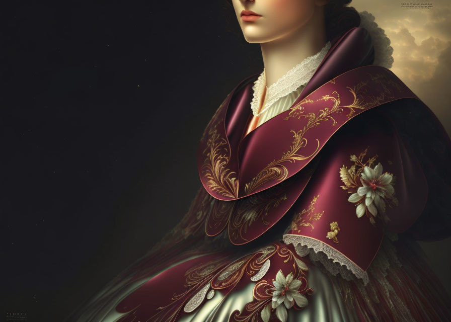 Portrait of a Woman in Maroon and White Dress with Gold Patterns