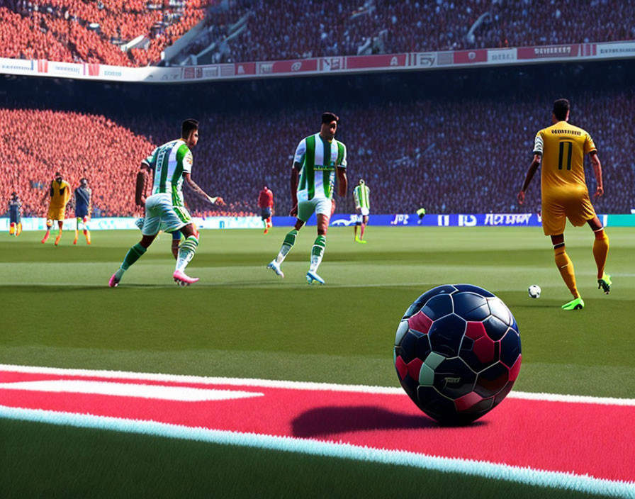 Virtual soccer match scene with players in green/white and yellow kits on vibrant pitch