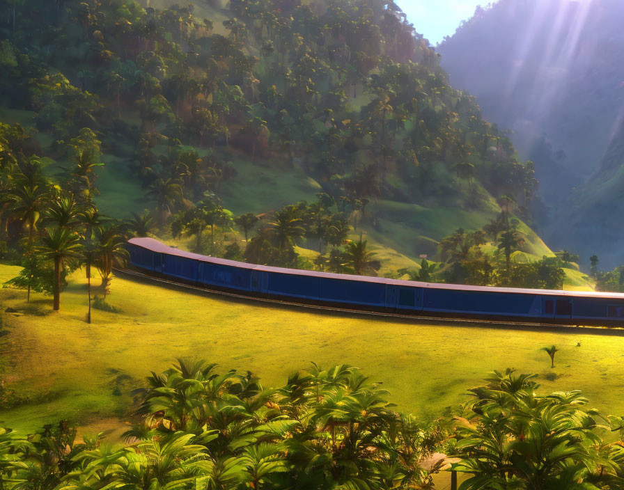 Train travels through tropical landscape with palm trees under sunlight rays.