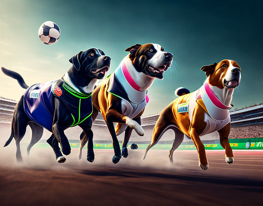 Animated dogs in colorful jerseys race for soccer ball in dynamic stadium scene