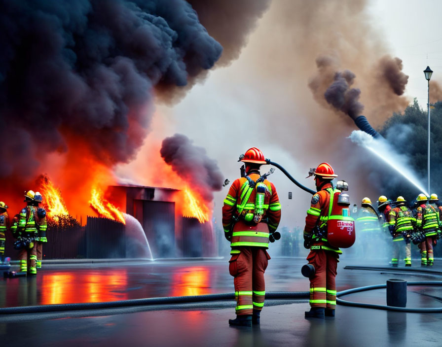 Firefighters in Reflective Gear Extinguish Massive Blaze with Hoses