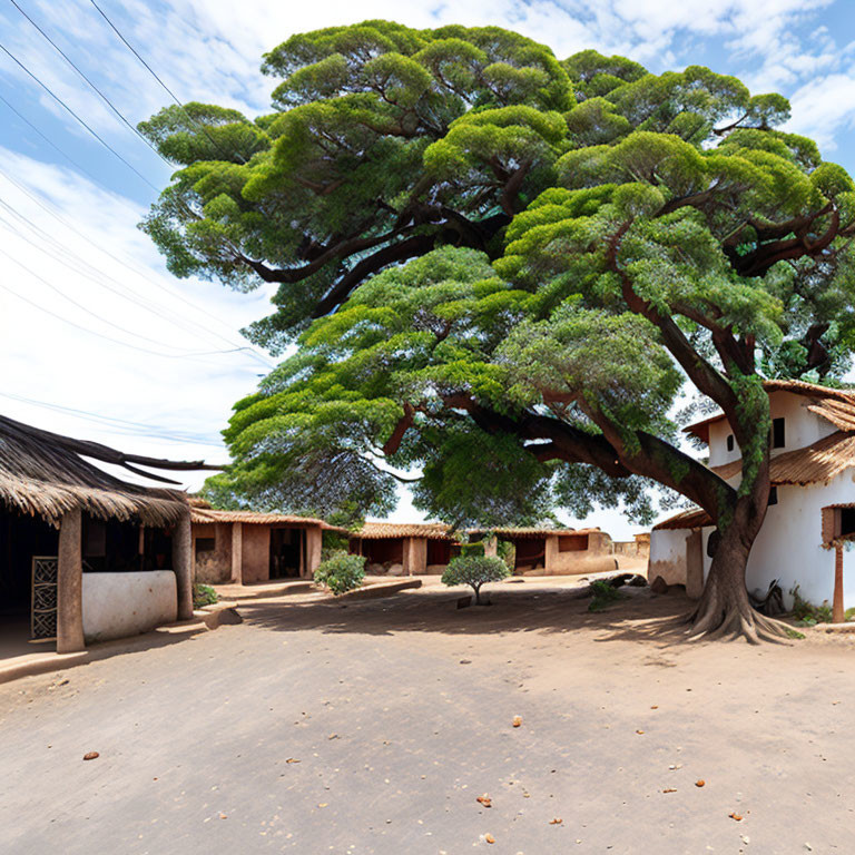 Serene African village with lush tree and mud houses