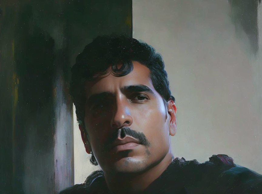 Pensive man with dark hair and mustache in shadowy setting