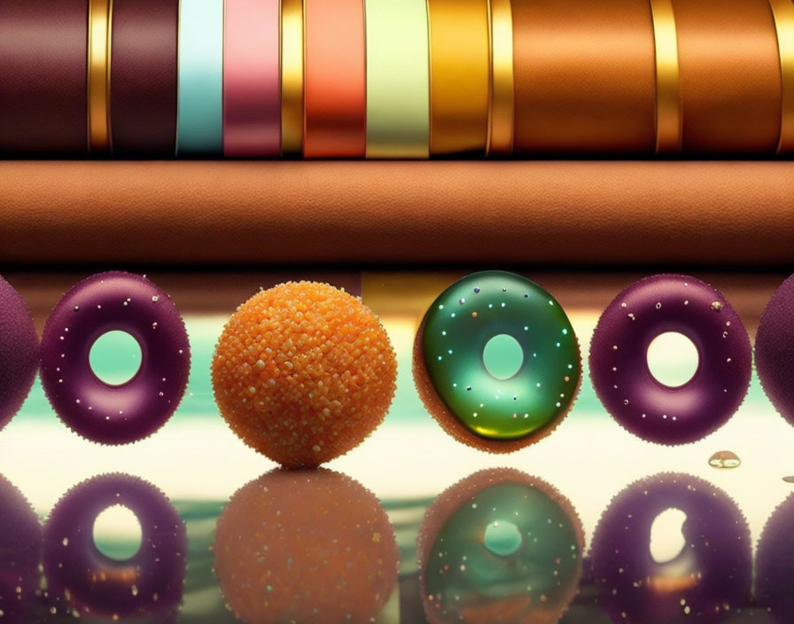 Vibrant bracelets and glossy ball donuts on reflective surface with elegant fabrics.