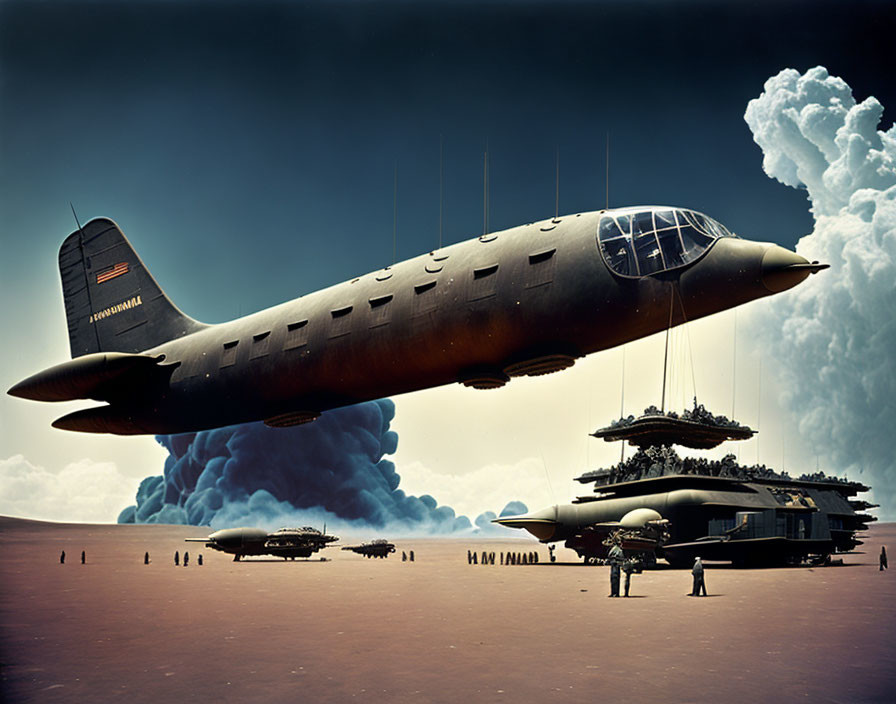 Futuristic aircraft hovering over desert with smaller ships and figures