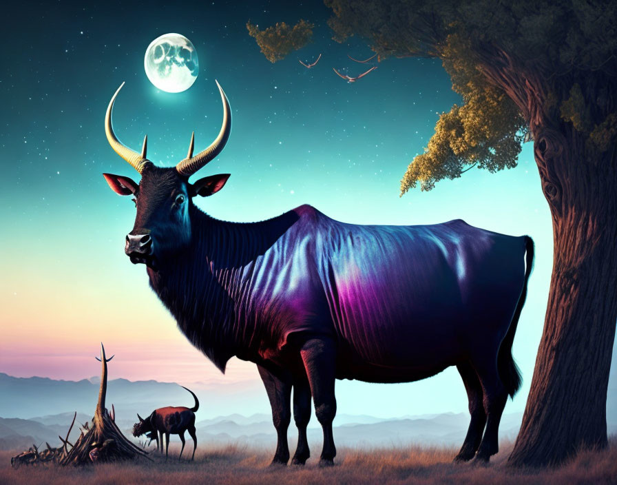 Surreal image of giant bull with glowing horns under full moon