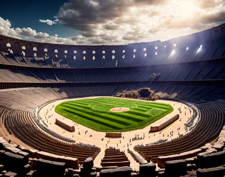 Bright Stadium with Green Turf and Track under Blue Sky