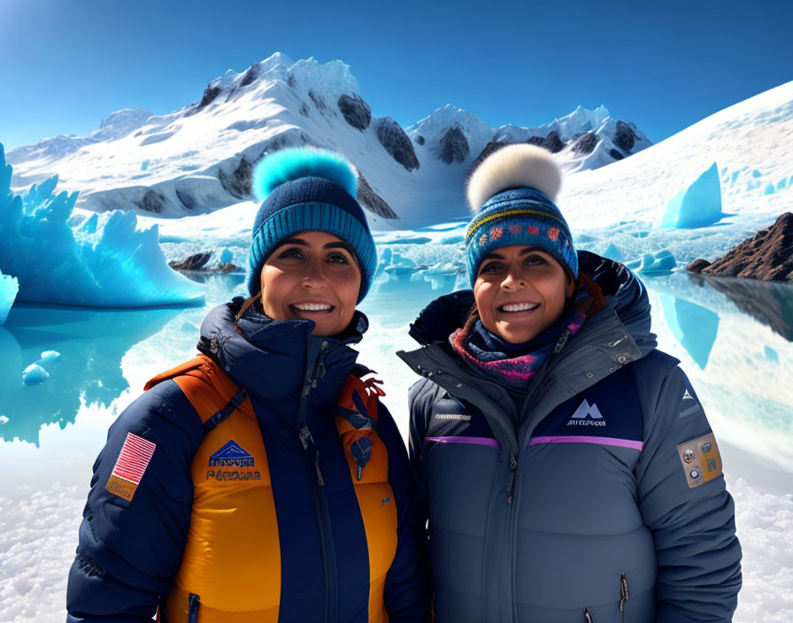 Two Smiling Women in Winter Gear with Blue-Glacier Backdrop