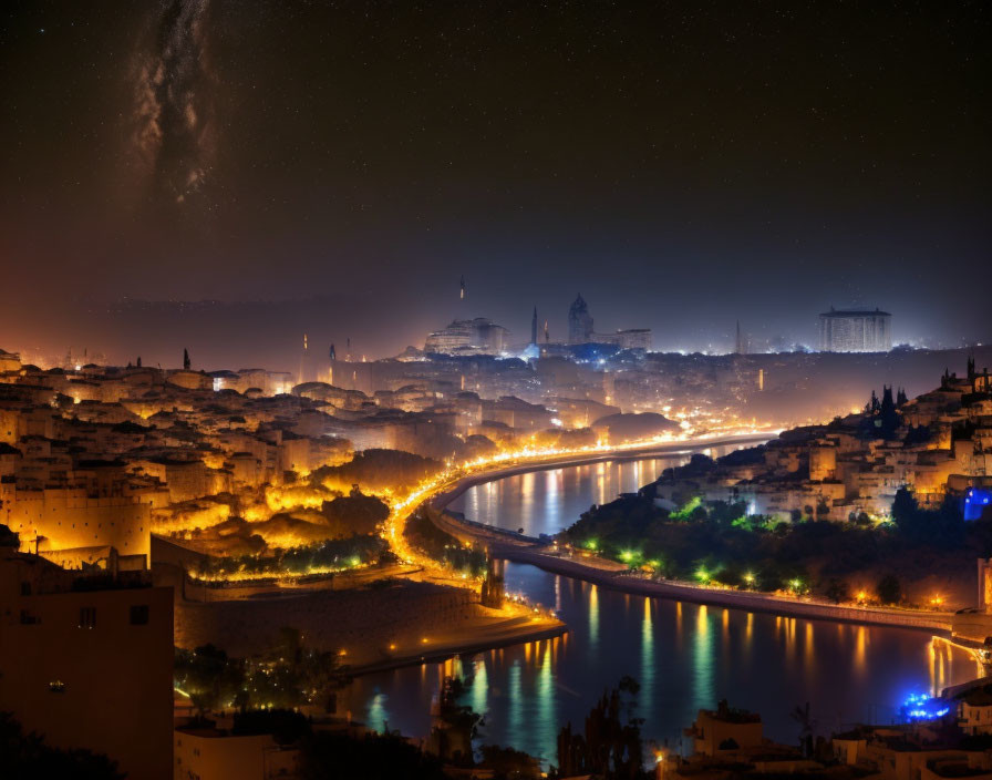 Panoramic night cityscape with illuminated buildings and starry sky.