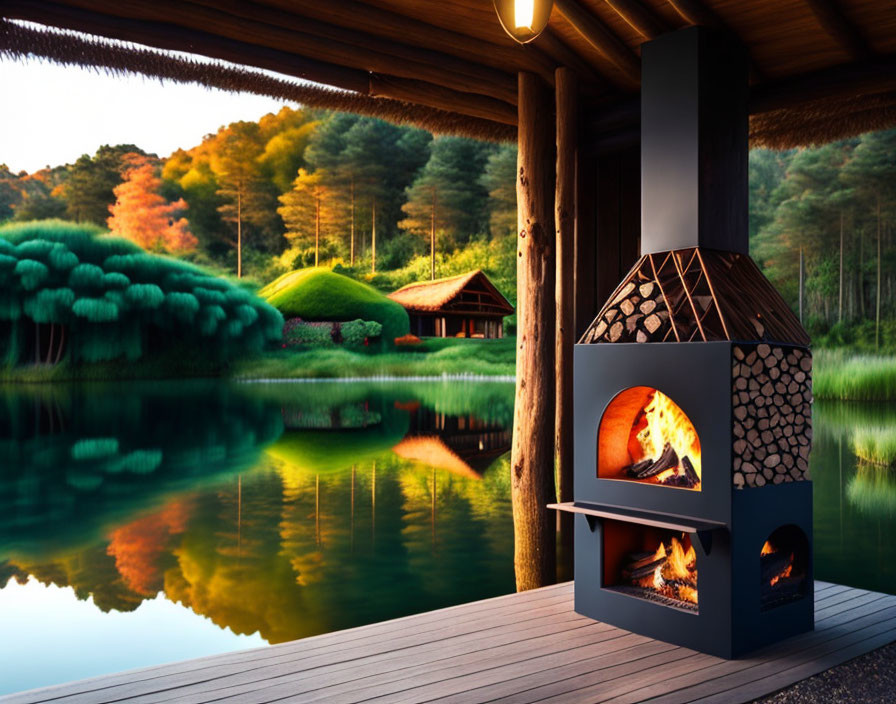 Scenic sunset view: modern outdoor fireplace on wooden deck by tranquil lake